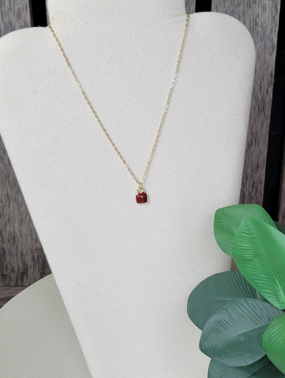 Gold Chain Necklace with Dark Red Opqaque Stone Pendant - Women's Jewelry - Picture 2 of 4